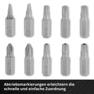 Einhell Bit-Set: Nahaufnahme verschiedener CrV-Stahl Schrauberbits mit gut lesbaren Größenangaben.