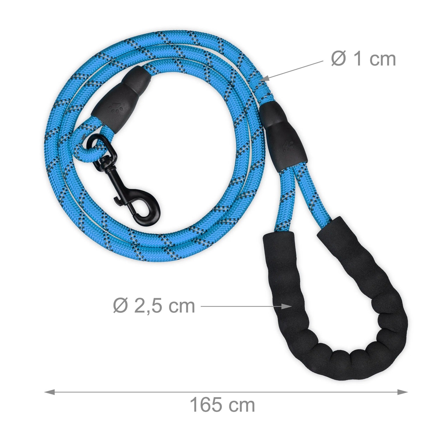 Blaue Relaxdays Hundeleine aus Nylon, 150 cm lang, mit reflektierenden Elementen und gepolsterter Handschlaufe.