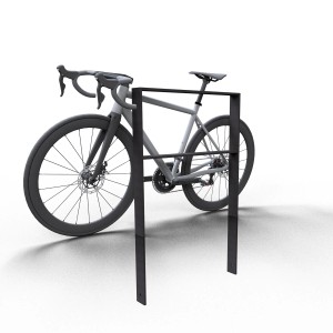 Schake Anlehnbügel aus Flachstahl, eisengrau, mit Fahrrad. Fahrradständer für den Außenbereich.