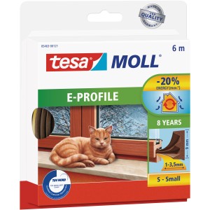 Verpackung Tesamoll Classic E-Profil Gummidichtung, braun, 6m, mit Katze am Fenster.