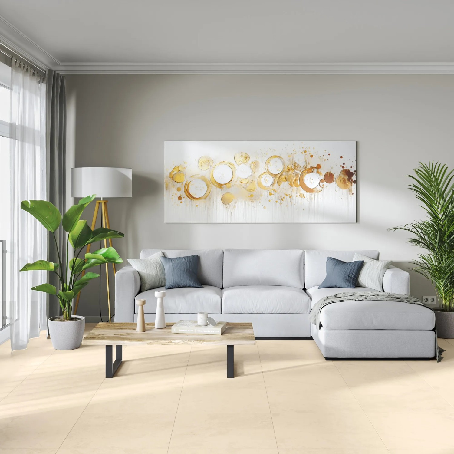 Helle Feinsteinzeug Bodenfliese 60x60 cm im Wohnraum verlegt. Moderne, freundliche Optik.