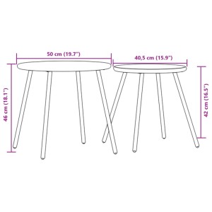 vidaXL 2er Set Garten-Couchtische, rund, schwarz, pulverbeschichteter Stahl, mit Maßangaben.