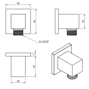 Technische Zeichnung Wandanschlussbogen für PaulGurkes Duschsystem, eckig, verchromt, mit Maßangaben.