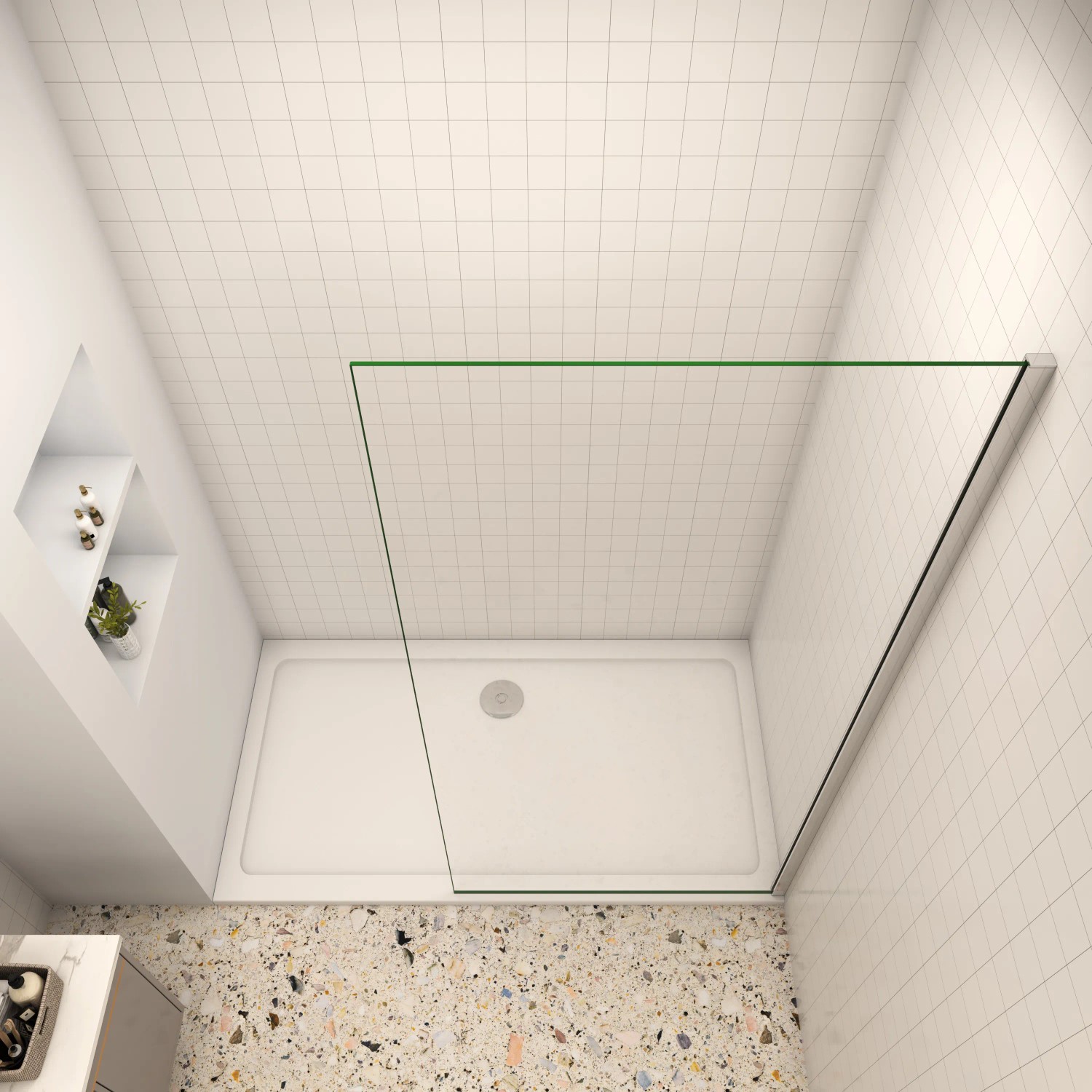 AICA Walk-In Duschkabine mit 8mm NANO Glas Duschwand und glänzendem Chromrahmen.