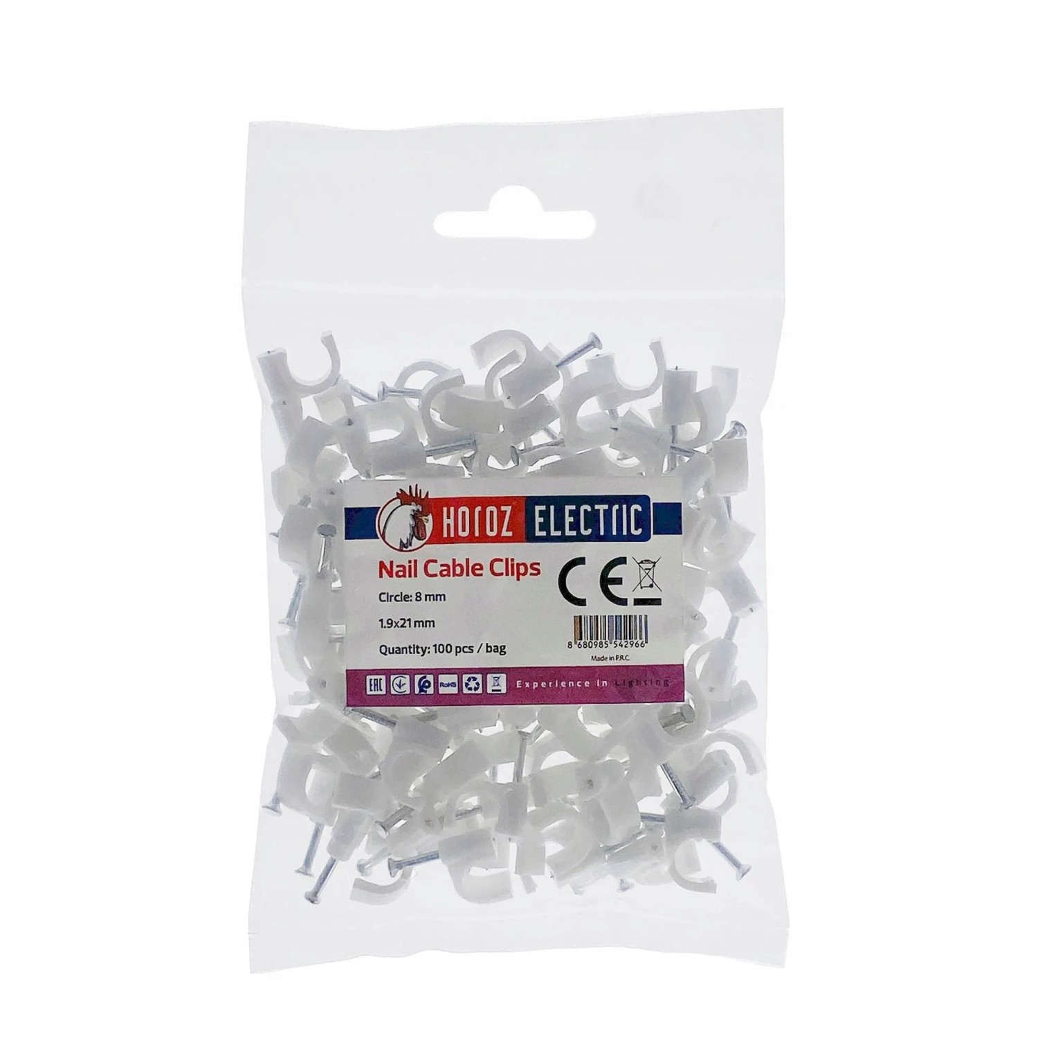 HOROZ Kabelschelle Rund Ø 8 mm Weiß 100 Stück Nagelschelle Kabelhalter für Wandmontage