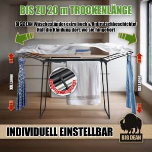 BigDean Wäscheständer, schwarz, extra hoch, 20m Trockenlänge. Dicke Grip-Stäbe für lange Kleidung. Faltbar, stabil.