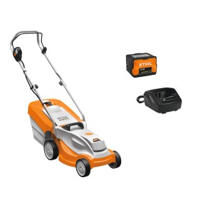 Stihl Akku-Rasenmäher RMA 235 Set mit Akku AK 20 und Ladegerät AL 101 in Orange.
