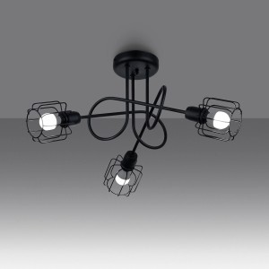 Schwarzer Sollux Lighting Kronleuchter Beluci 3S mit drei Leuchten im Drahtkäfig-Design.