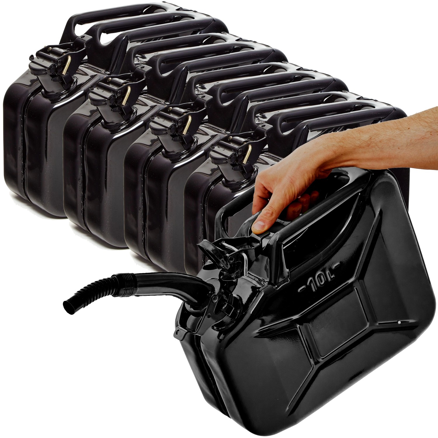 BW Kraftstoffkanister Metall Benzinkanister 5x 10 Liter mit Ausgießer Schwarz RAL 9005 TÜV-geprüft und UN-Zulassung Made...