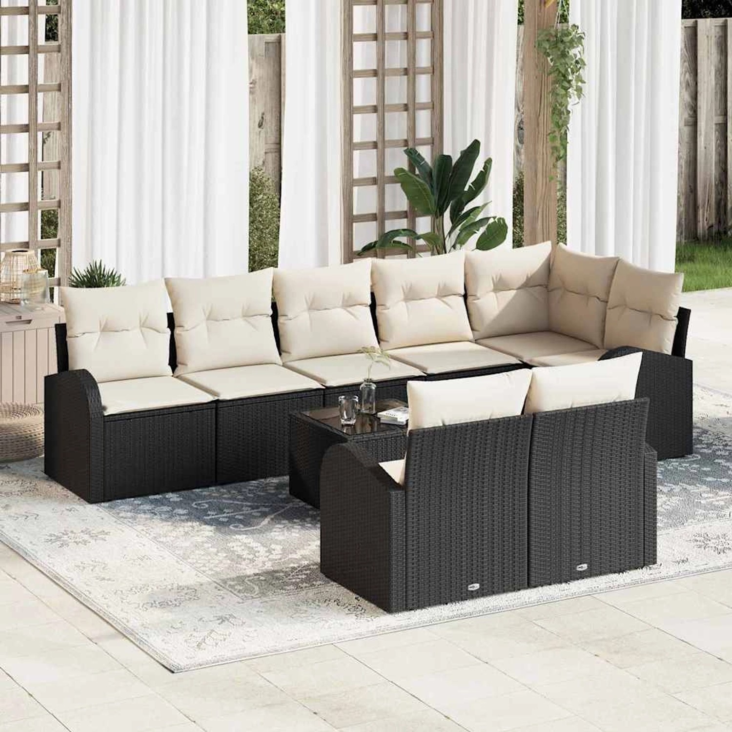 vidaXL Gartenmöbel-Set, 9-teilig, schwarz/weiß, Polyrattan, mit Kissen.