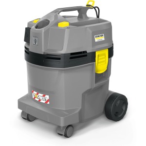 Kärcher NT 22/1 Ap Te Nass-/Trockensauger, grau, mit Rollen und gelben Akzenten.