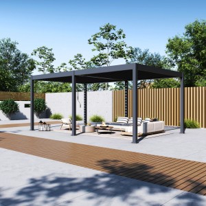Paragon Outdoor Pergola Grand Tuscan mit Lamellendach im Garten mit Sitzmöbeln.