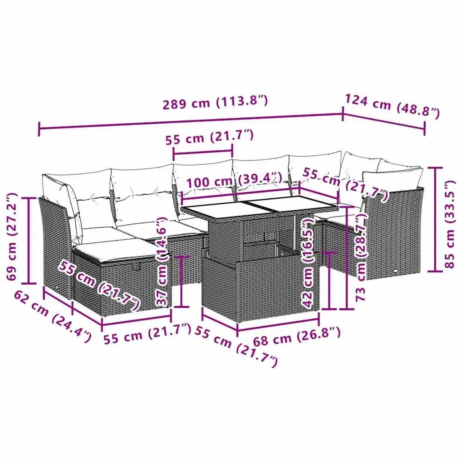 vidaXL 8-tlg. Garten-Sofagarnitur hellgrau Poly Rattan mit Maßen. Gartenmöbel Set mit Tisch, Sofas, Hocker und Kissen.