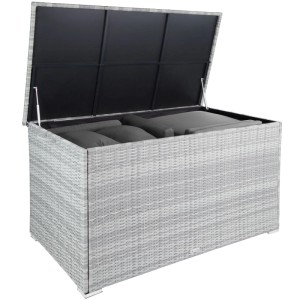 Helle Tectake Auflagenbox Oslo, 750 L, mit Rattangeflecht und geöffnetem Deckel. Zubehör für Ordnungssysteme im Garten.