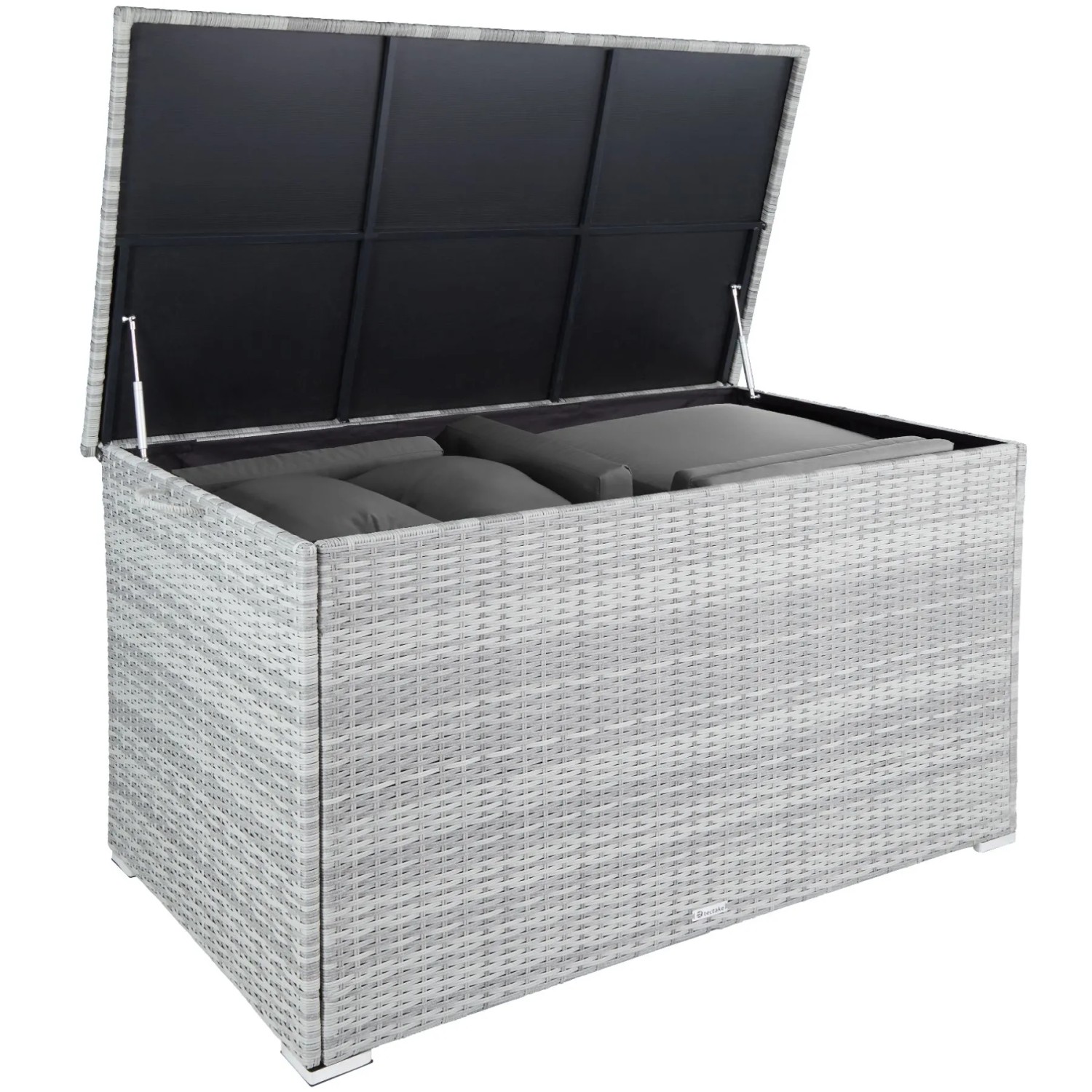 Tectake Aluminium Auflagenbox Oslo 750 L Mit Rattangeflecht Griffschlaufen An Den Seiten 145 x 82 50 x 79 50 cm Hellgr...