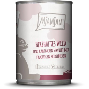 Mjamjam Katzen-Nassfutter mit Wild, Kaninchen und Heidelbeeren, getreidefrei im 400g Napf.