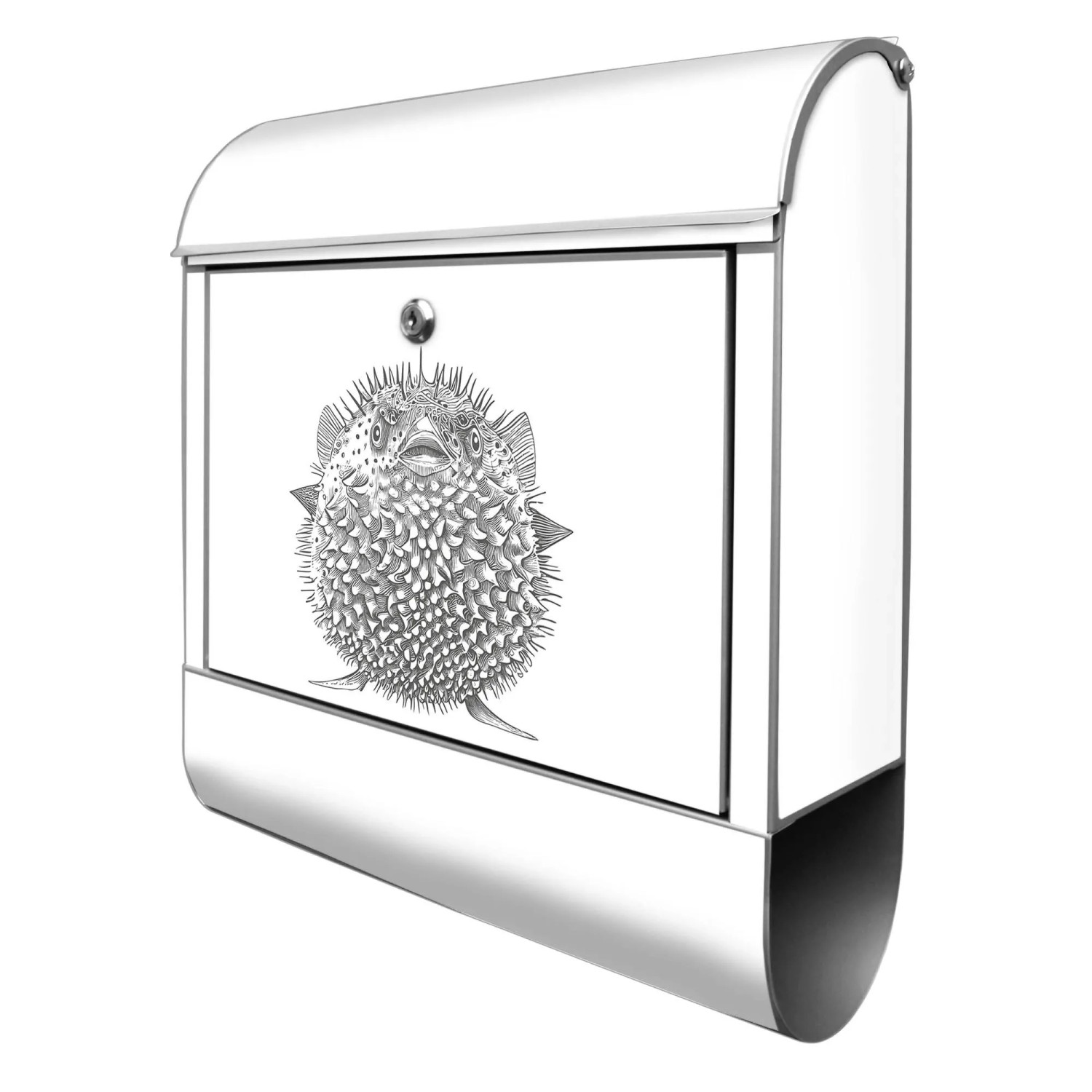 Banjado Design Briefkasten Silber Pulverbeschichtet 39x47x14cm 2 Schlüssel Mit Zeitungsfach Motiv Kugelfisch 2