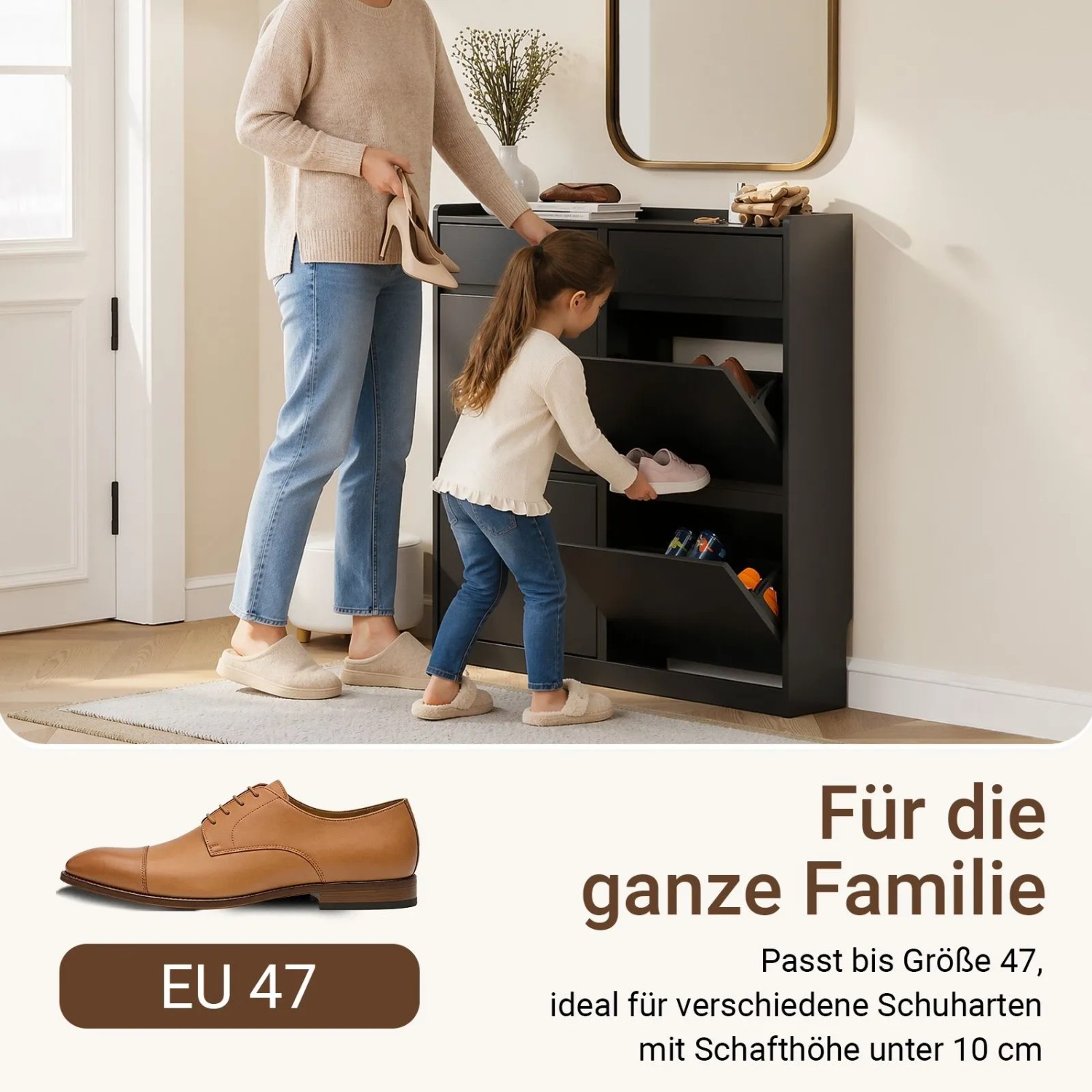 Schwarzer, schmaler Schuhschrank mit 4 Klappen im Flur. Frau und Kind verstauen Schuhe. Ideal für Größe EU 47, nur 19 cm tief.
