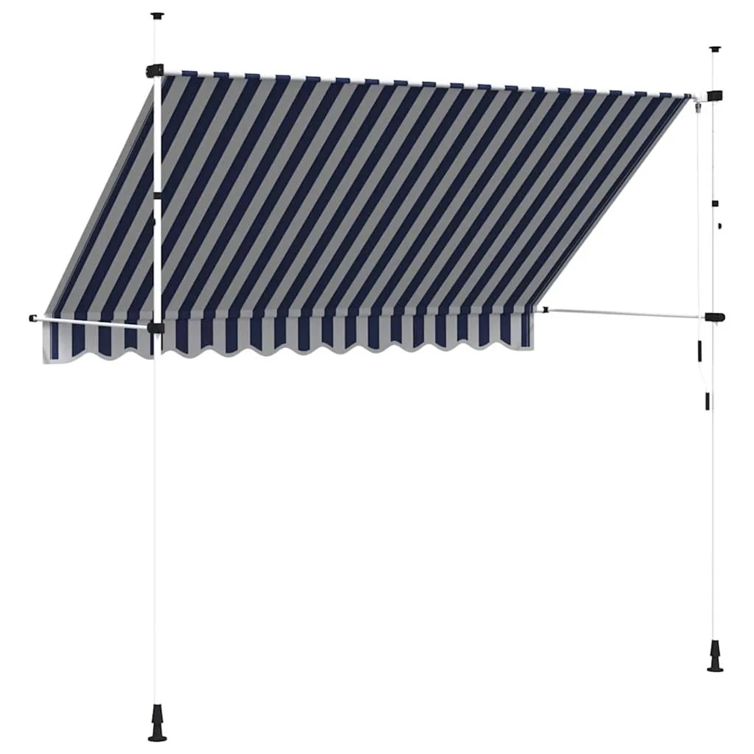 Einziehbare, blau-weiß gestreifte Markise, handbetrieben, 300 cm breit.