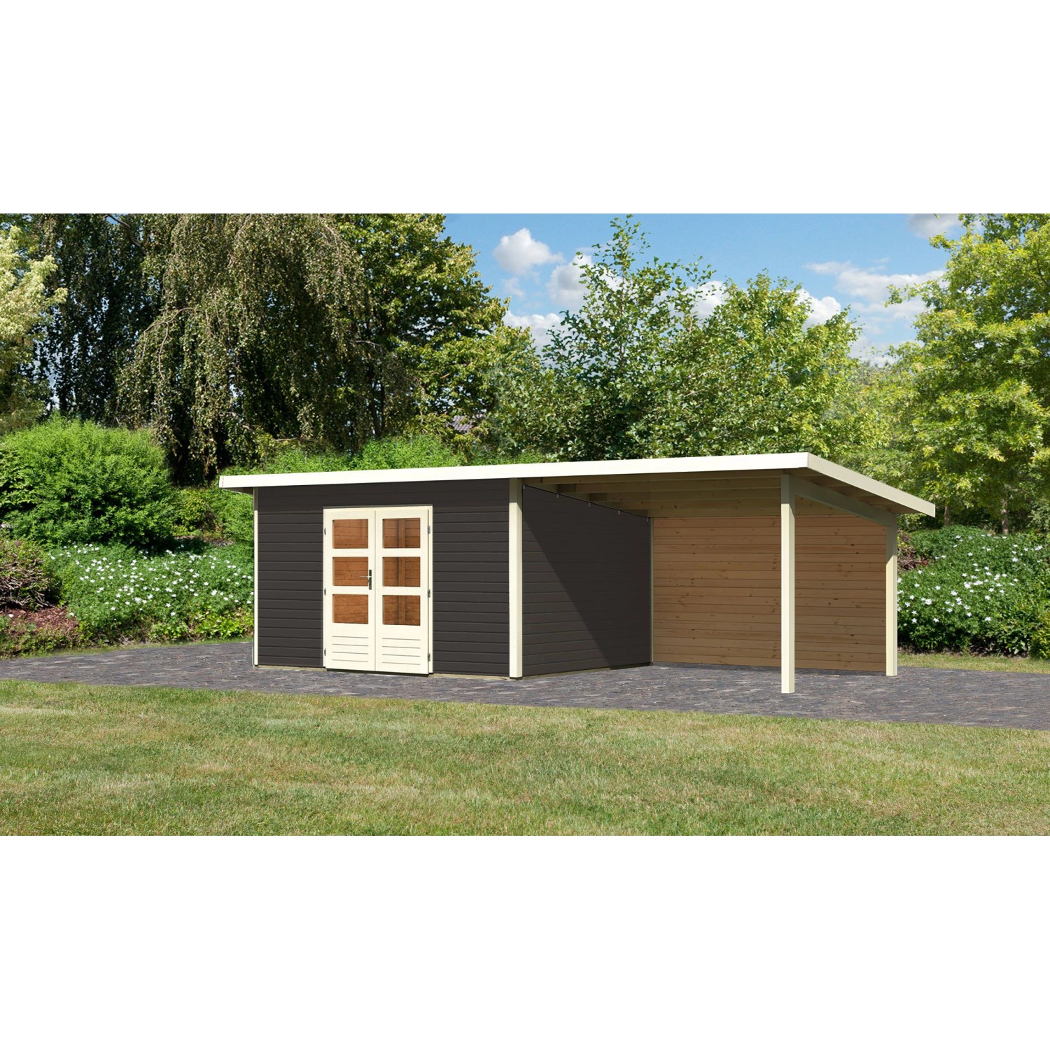 Karibu Holz-Gartenhaus/Gerätehaus Karlskoga 4 Terragrau Pultdach Lackiert 365 cm x 305 cm