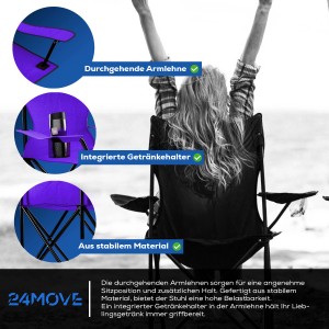 24Move Campingstuhl, lila Faltstuhl mit Getränkehalter und Tragetasche. Klappbarer Outdoor Stuhl bis 100kg.