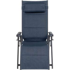 Dunkelblaue Siena Garden Campingrelaxliege Premium mit Kopfkissen und anthrazitfarbenem Gestell.