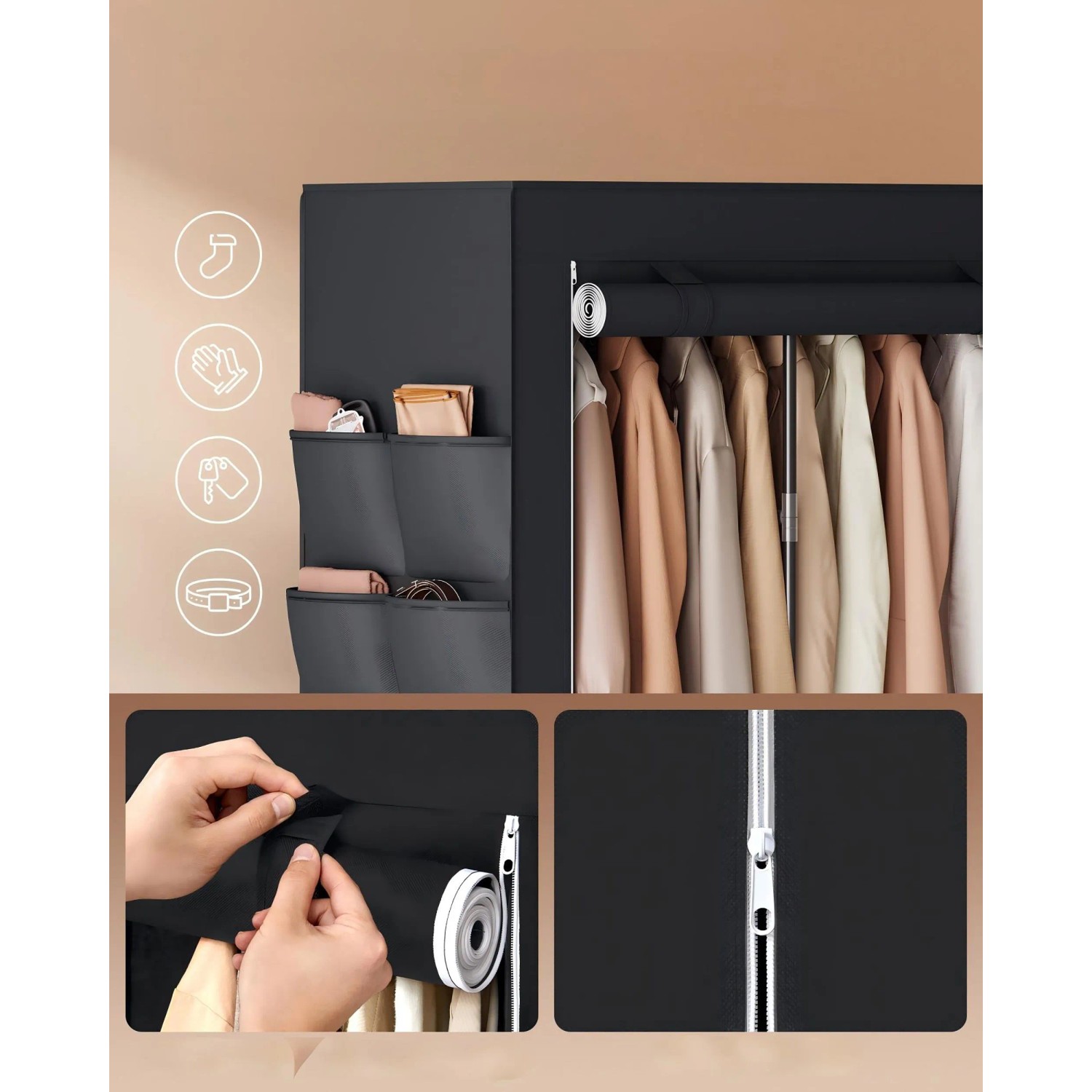 Songmics Textil-Kleiderschrank, 167x170x45 cm, schwarz, mit Hängefächern und Seitentaschen.