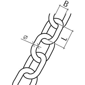 Skizze einer silberfarbenen Conacord Schweißkette Form A aus Stahl, Details zu Länge und Durchmesser.