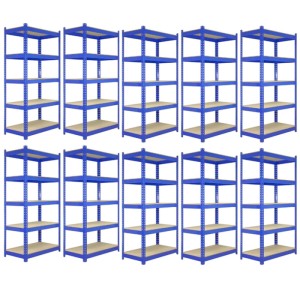 10 blaue Monstershop T-Rax Lagerregale, 120x45x180cm, mit je 5 Regalböden.