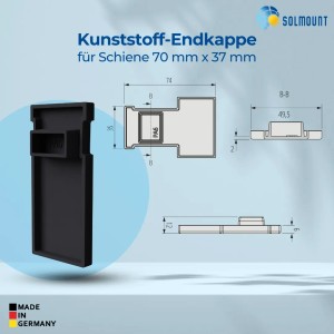Schwarze SolMount Kunststoff-Endkappe für 70x37 mm Montageschiene. Schützt Solaranlagen.
