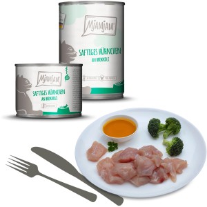 MjAMjAM Katzen-Nassfutter Saftiges Hühnchen mit Brokkoli, Dosen und Teller mit Hühnchen und Gemüse.