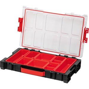 Qbrick System Organizer Pro 100 Werkzeugkoffer mit transparentem Deckel und roten Fächern.