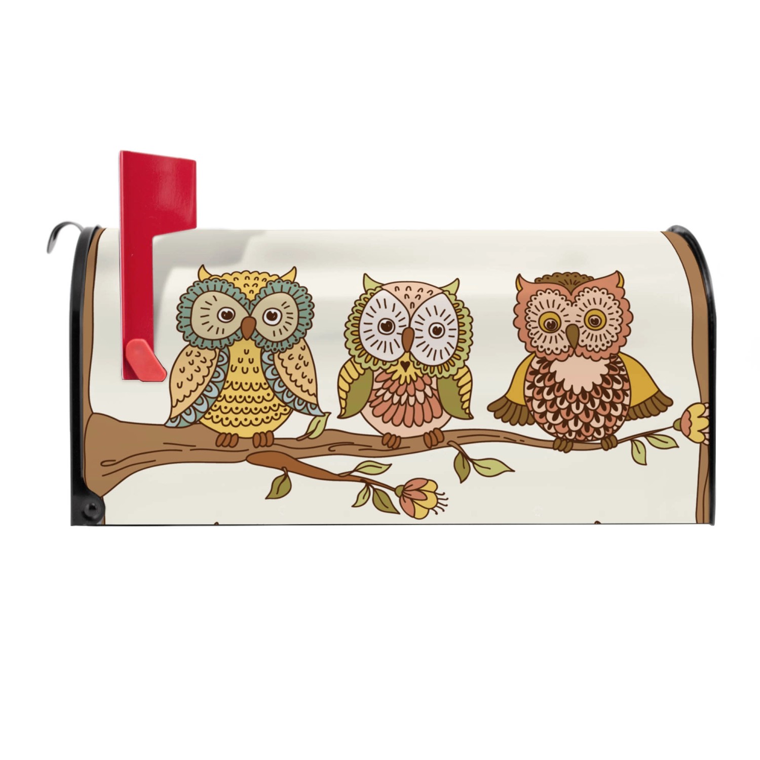 Banjado US Briefkasten schwarz mit Eulen Motiv. Amerikanischer Postkasten mit roter Fahne.