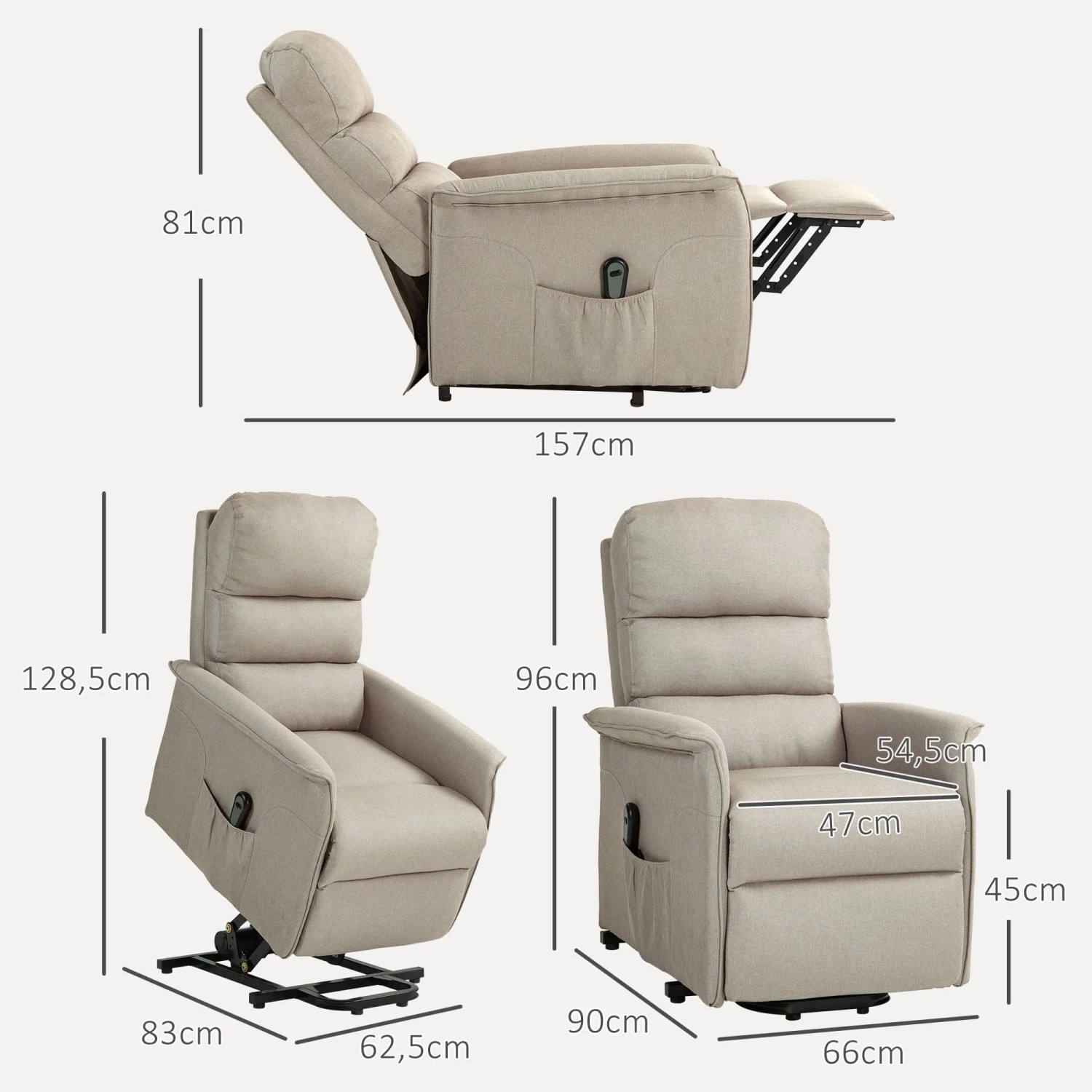 Beiger HOMCOM Loungesessel mit elektrischer Aufstehhilfe, aus Polyester. Drei Ansichten zeigen Liege-, Sitz- und Aufstehposition mit Maßen.