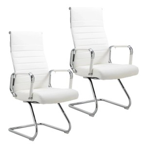 Zwei weiße Svita Office Comfort Besucherstühle, Freischwinger mit Kunstleder, Armlehnen und Chromgestell, 2er Set.