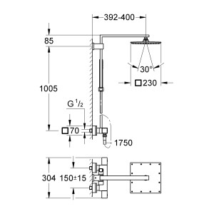 Technische Zeichnung: Grohe Euphoria Cube 230 Überkopfbrause-Set mit Thermostat, Maße und Details.