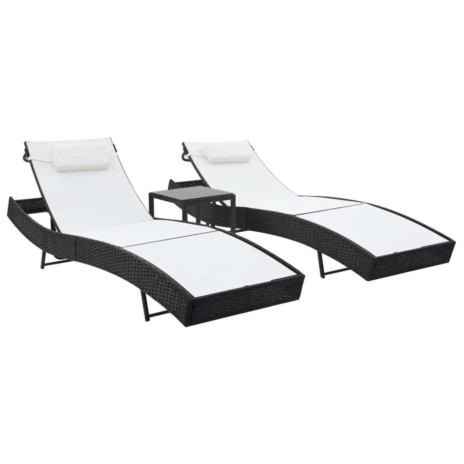 furnicato Sonnenliegen 2 Stk. mit Tisch Poly Rattan und Textilene Schwarz