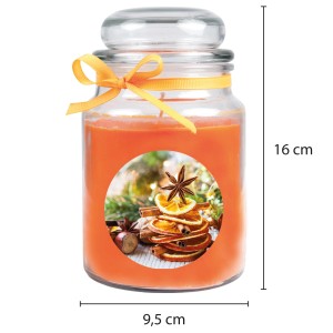 Orangefarbene Duftkerze im Glas mit Weihnachtsdekor und Schleife, 110h Brenndauer.