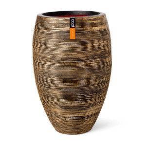 Capi Pflanzsäule Elegant Deluxe Rib, Ø 51 cm, 72 cm hoch, Gold-Schwarz, gerippte Oberfläche.