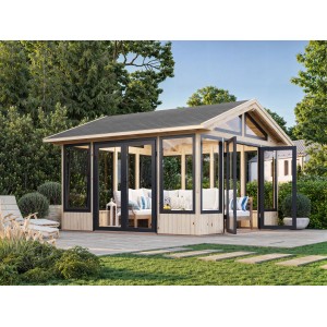 Palmako Pavillon Isabella, 401x401 cm, naturbelassen. Gartenlaube mit Glasfronten und Doppeltür im Garten.