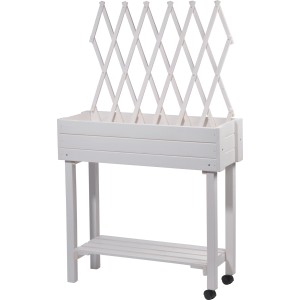 Weißes, rollbares Hochbeet mit Rankhilfe aus Holz, 130x79x28,5 cm. Ideal für Balkon und Terrasse.