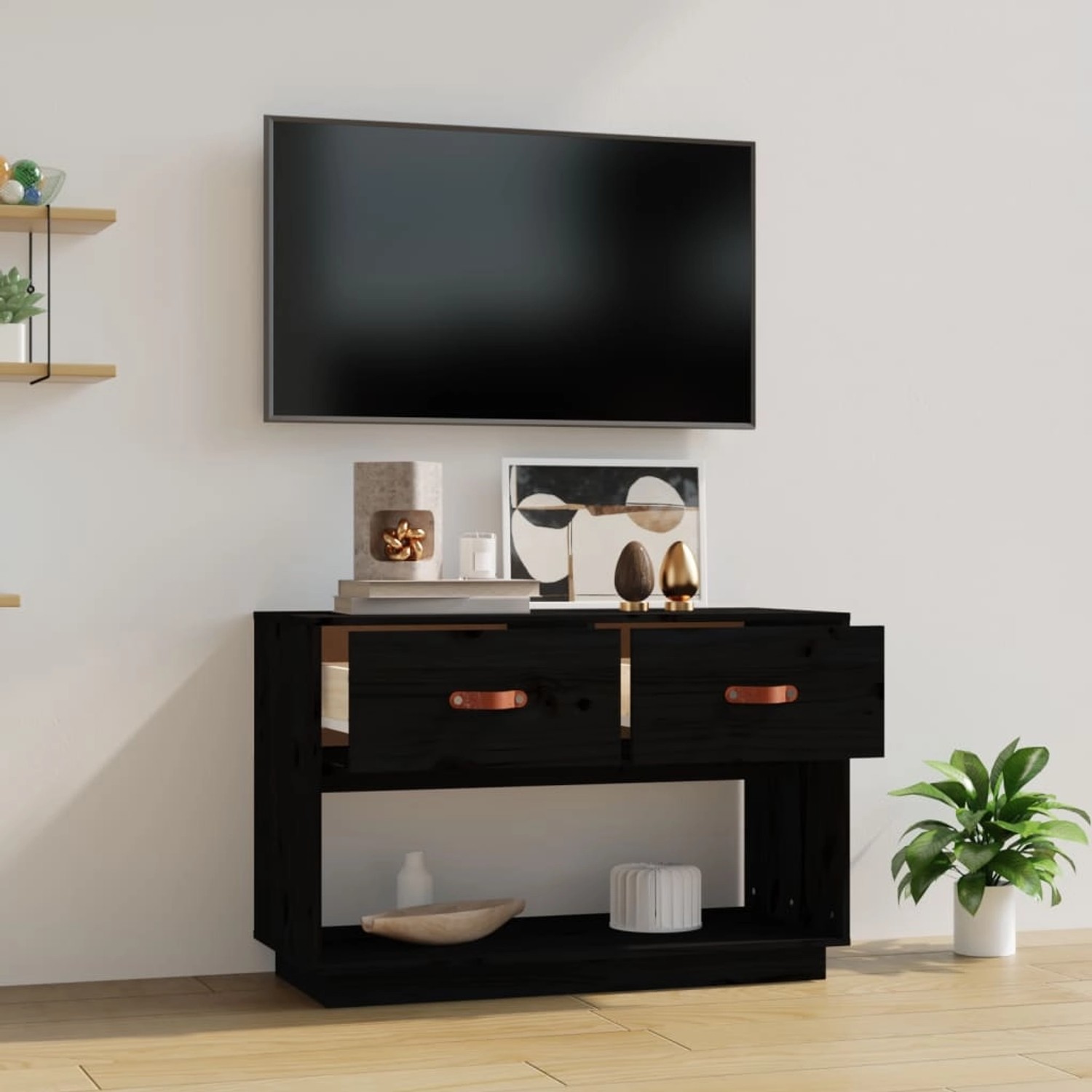 Schwarzer VidaXL TV-Schrank (90x40x60 cm) aus Kiefernholz mit offenen Schubladen und Ablagefläche.