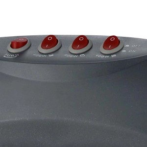 Nahaufnahme der Schalter des Halogenheizers 1.200 W zur Leistungs- und Oszillationseinstellung.