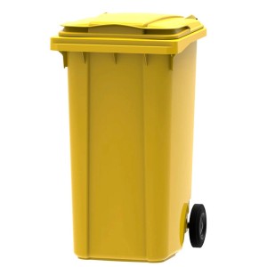 Gelbe PROREGAL Mülltonne mit 2 Rädern, 240 Liter Volumen.
