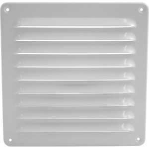 Weißes Marley Lüftungsgitter aus Aluminium, 195x195 mm, mit Lamellen.