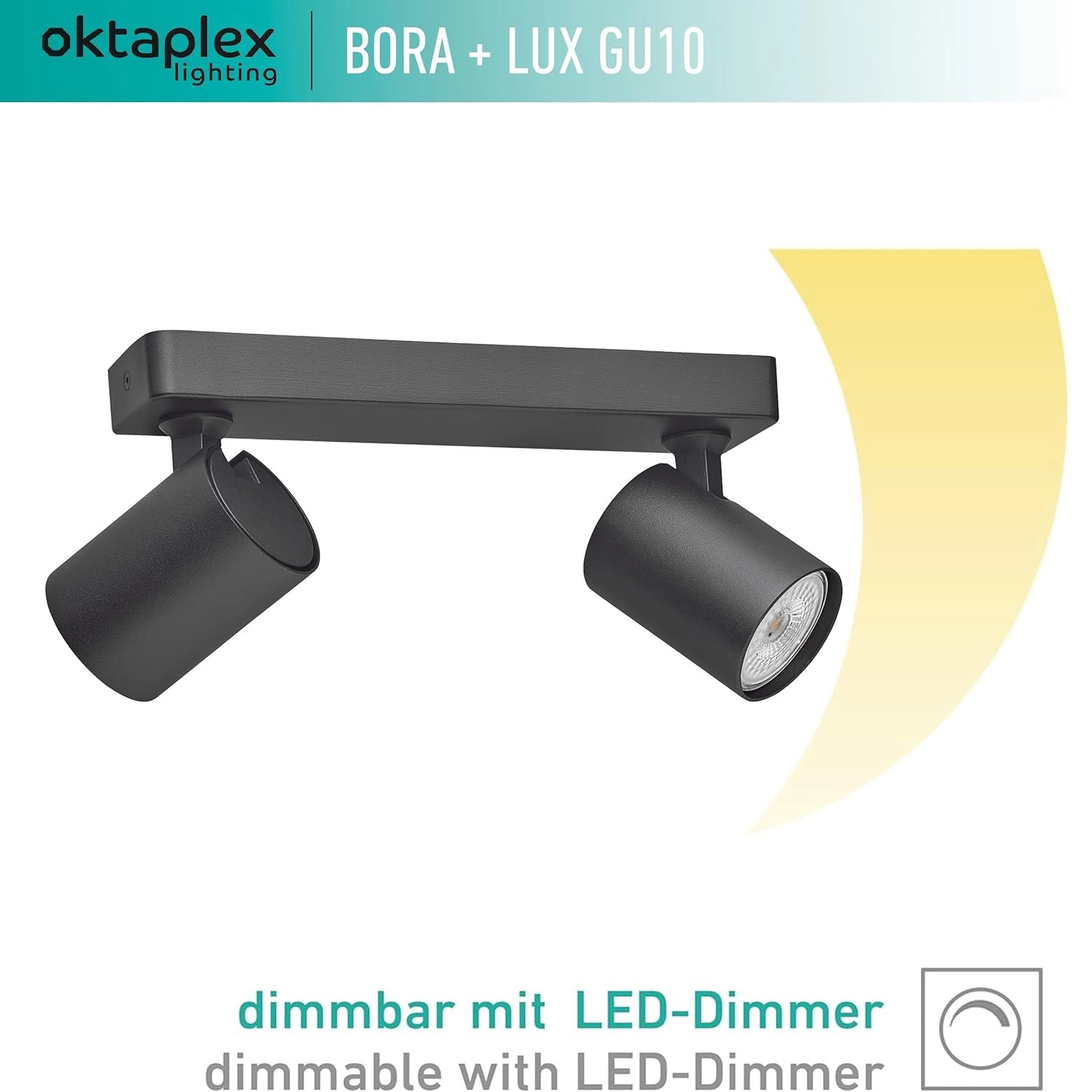 Schwarzer, dimmbarer 2-flammiger LED Deckenstrahler Bora mit GU10 Leuchtmitteln von Oktaplex.