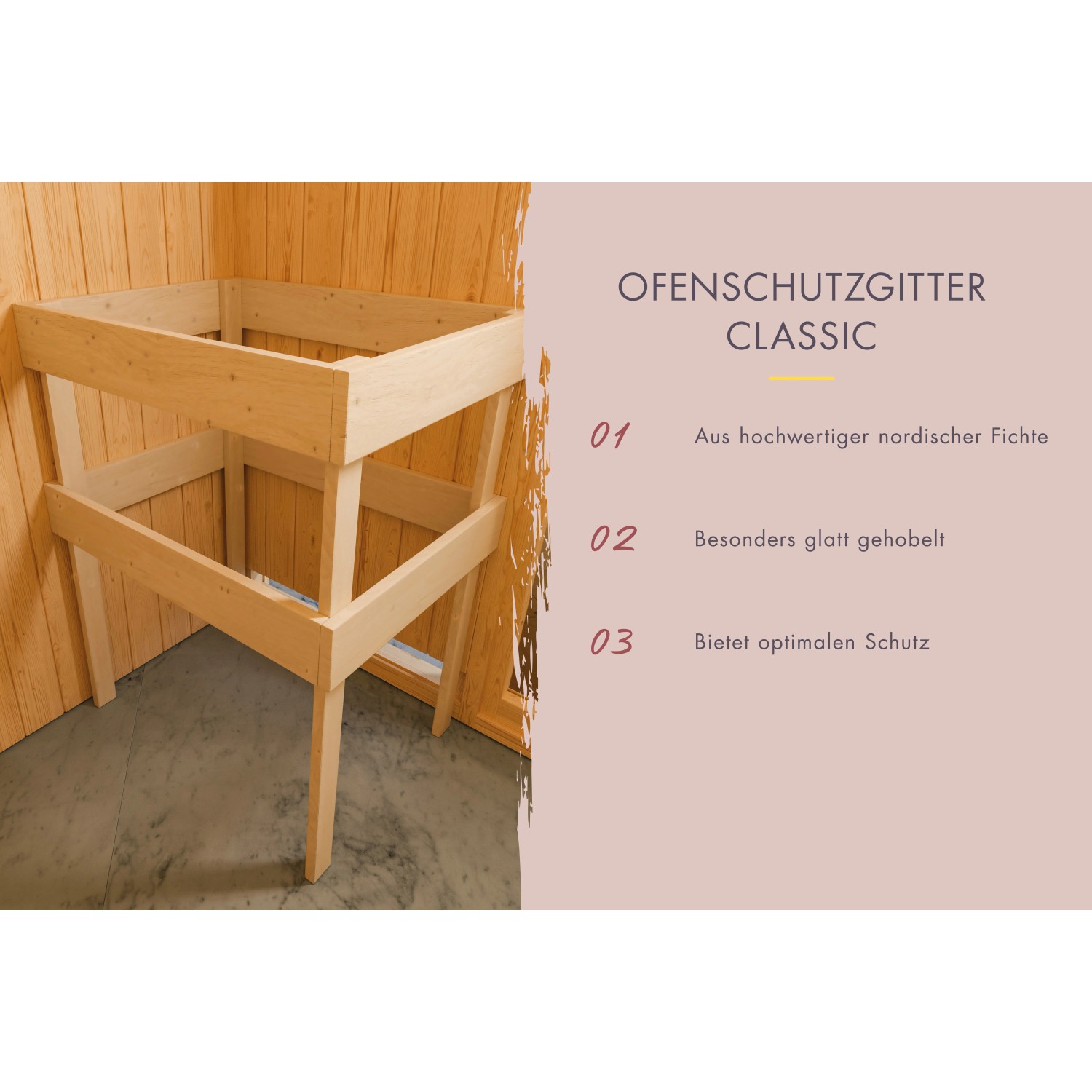 Ofenschutzgitter Classic aus Fichte für Karibu Saunahaus Hendrik 2.