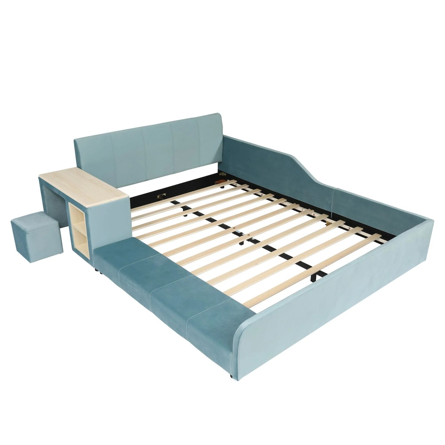 okwish Polsterbett 140x200cm mit Schreibtisch Hocker und Ablage Blau ohne Matratze