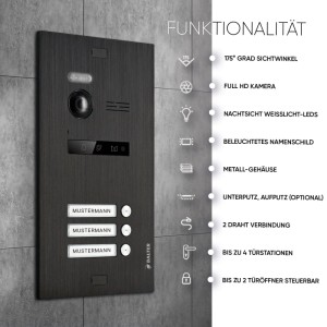 Schwarze Balter EVO-HD Video-Türsprechanlage für 3-Familienhaus mit 3 Monitoren.