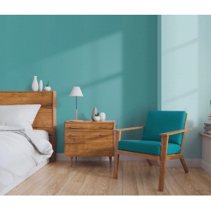 Helles Schlafzimmer mit hellblauer Erismann Vliestapete Martinique Colour Passion.